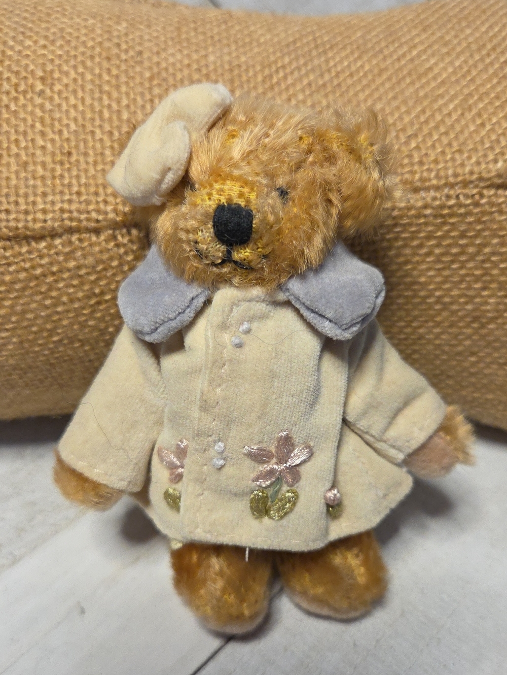 Vintage Miniature Teddy Bear In Velvet Embroidered Jacket With Velvet Bow